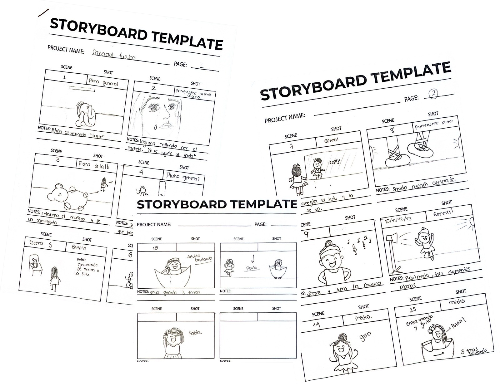 Storyboards a mano de las escenas del video Bachué, organizados en hojas con anotaciones