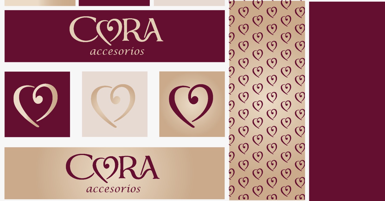 Brandboard final de CORA Accesorios con logo, patrón de corazones y paleta de colores
