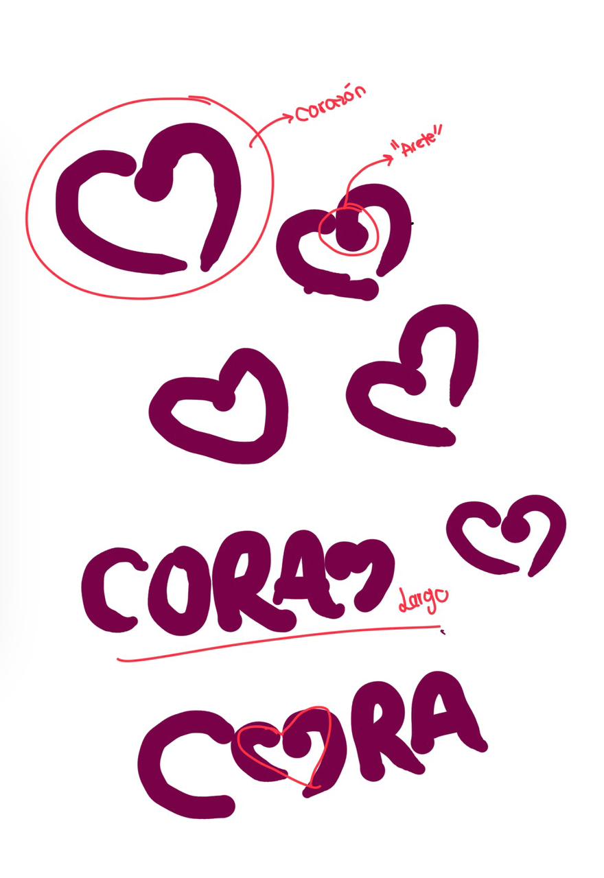Bocetos manuales de corazones explorando el concepto del logo de CORA